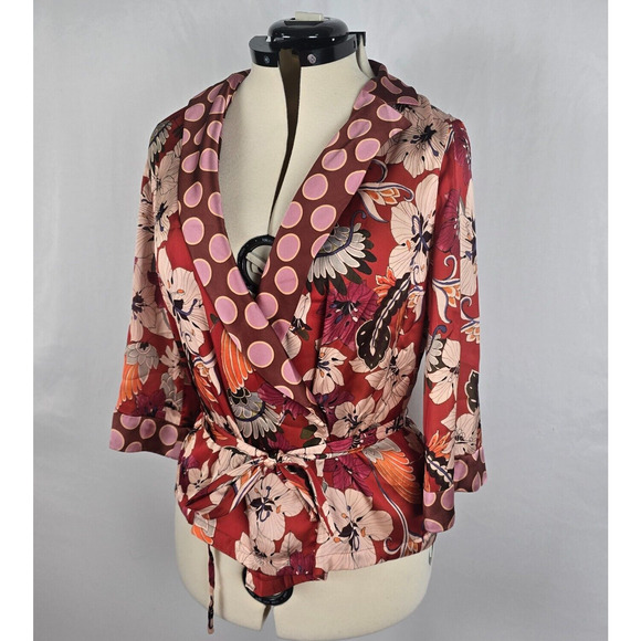 Zara Woman Blouse M Red Pink Floral & Dots Wrap Tie Long Sleeve V-Neck - Picture 15 of 15